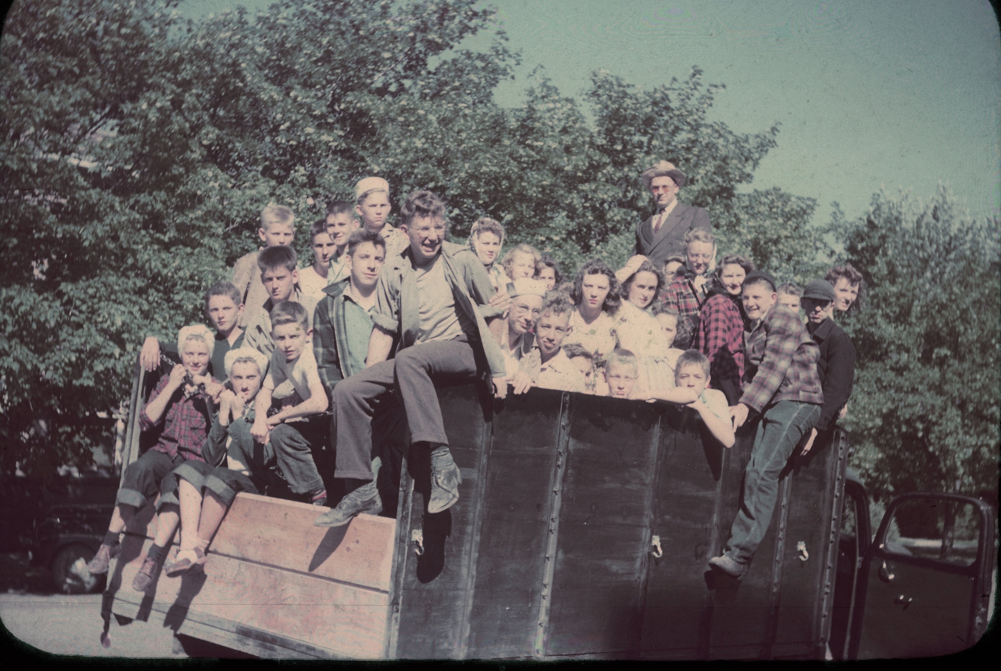 1946  Campers from Missoula, Dillon, Butte, Anaconda, and Twin Bridges climbed in a grain truck for a fun picture.