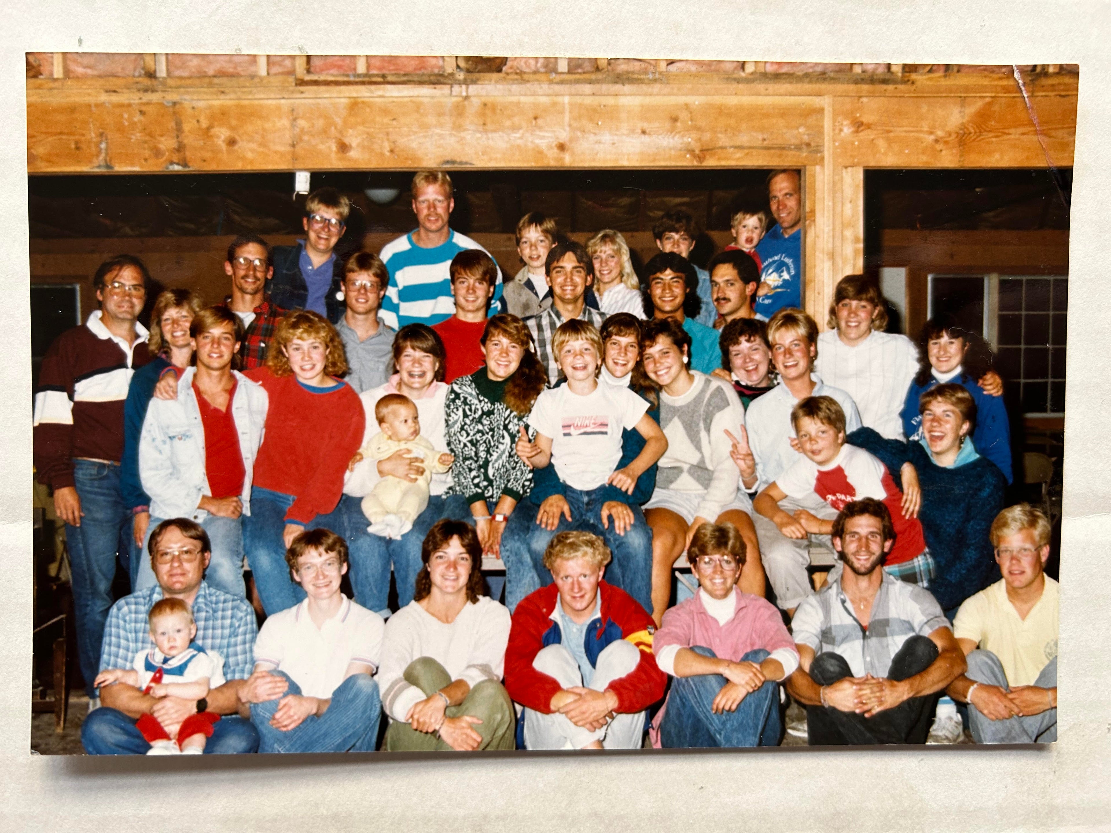 in the mid 1980s the Summer Staff poses for a photo in the middle of the dining hall remodel.  What date?